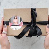 Foto 21ste verjaardag zwarte witte strepen florals ronde sticker