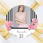 Foto 21ste verjaardag zwarte witte strepen florals ronde sticker