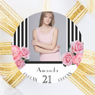 Foto 21ste verjaardag zwarte witte strepen florals ronde sticker