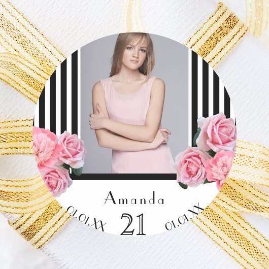 Foto 21ste verjaardag zwarte witte strepen florals ronde sticker