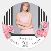 Foto 21ste verjaardag zwarte witte strepen florals ronde sticker (Voorkant)