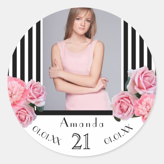 Foto 21ste verjaardag zwarte witte strepen florals ronde sticker (Voorkant)
