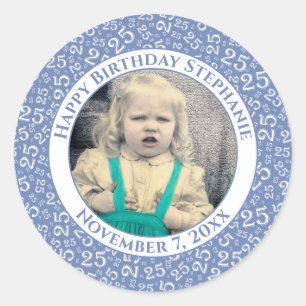 Foto 25e Willekeurig Nummer Patroon Blauw/Wit Ronde Sticker