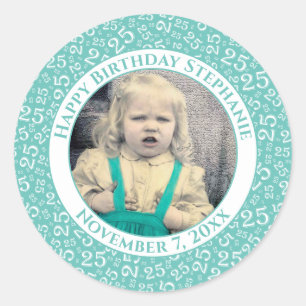 Foto 25e Willekeurig Nummerpatroon Turquoise/Wit Ronde Sticker