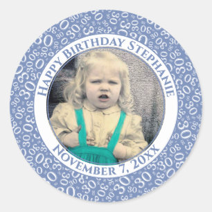 Foto 30e Willekeurig Nummer Patroon Blauw/Wit Ronde Sticker