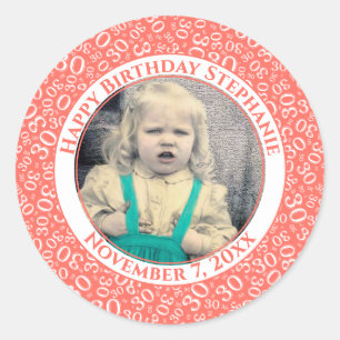 Foto 30e Willekeurig Nummer Patroon Koraal/Wit Ronde Sticker
