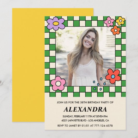 Foto 38e verjaardag uitnodiging Retro Groovy Flora (Voorkant / Achterkant)