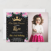 Foto 3e bloemenkroon glitter prinses verjaardag kaart (Voorkant)