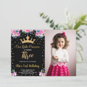 Foto 3e bloemenkroon glitter prinses verjaardag kaart (Staand voorkant)