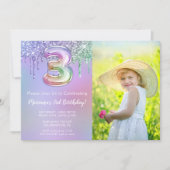 Foto 3e Paarse Roze Glitter Drips Verjaardagsfeest Kaart (Voorkant)