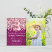 Foto 3e verjaardag uitnodiging Magenta roze glitte (Staand voorkant)
