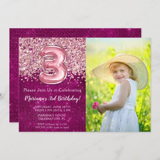 Foto 3e verjaardag uitnodiging Magenta roze glitte (Voorkant / Achterkant)