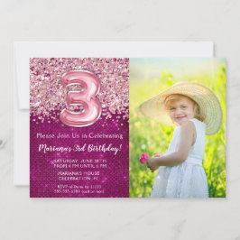 Foto 3e verjaardag uitnodiging Magenta roze glitte