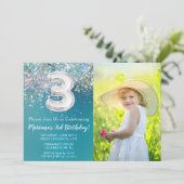 Foto 3e Verjaardagsuitnodiging Blauwgroen Zilveren Kaart (Staand voorkant)