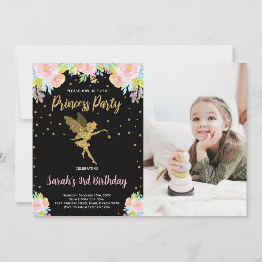 Foto 3e Zwarte Bloemen Prinses Verjaardag Kaart (Voorkant)