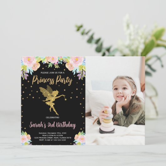 Foto 3e Zwarte Bloemen Prinses Verjaardag Kaart (Staand voorkant)