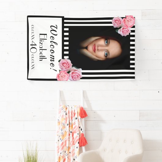 Foto 40e verjaardag zwarte witte strepen florals spandoek (Insitu)