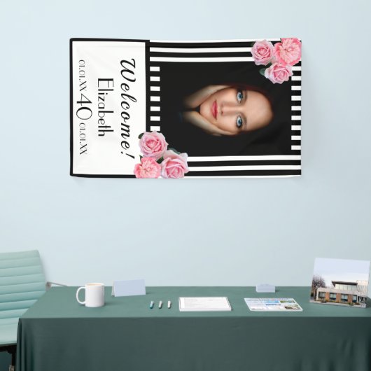 Foto 40e verjaardag zwarte witte strepen florals spandoek (Beurs)