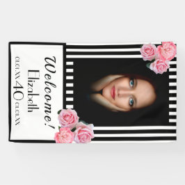 Foto 40e verjaardag zwarte witte strepen florals spandoek