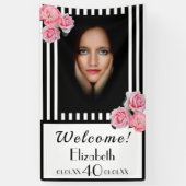 Foto 40e verjaardag zwarte witte strepen florals spandoek (Verticaal)