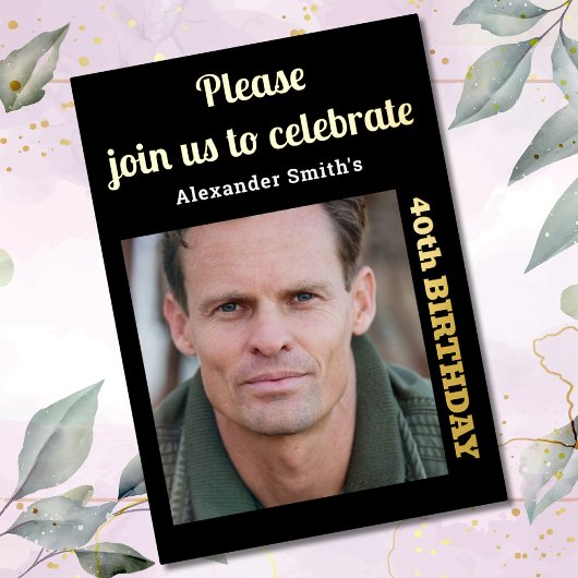 Foto 40th Birthday Black Gold Folie Uitnodiging