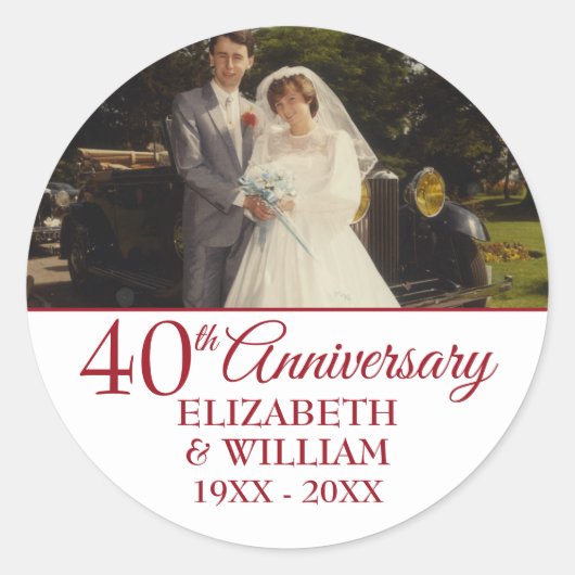 Foto 40th Ruby Wedding Jubileum Elegant Ronde Sticker (Voorkant)