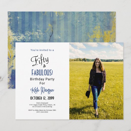 Foto 50 & FABULOUS 50th Birthday Party Blues Kaart (Voorkant / Achterkant)