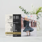 Foto 50e verjaardag Elegant goud zwart en wit Save The Date (Staand voorkant)