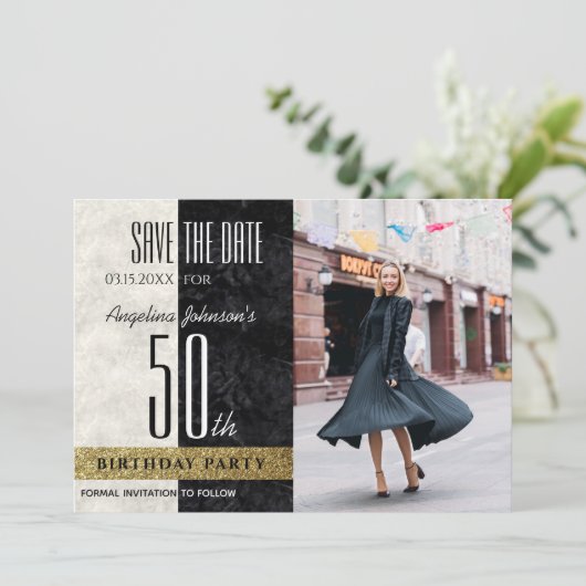 Foto 50e verjaardag Elegant goud zwart en wit Save The Date (Staand voorkant)