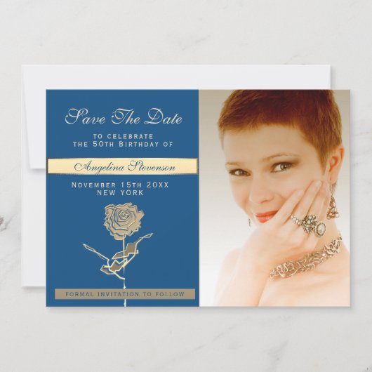 Foto 50e verjaardag Luxe Classic Blauw en Goud Save The Date (Voorkant)