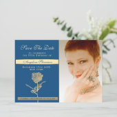 Foto 50e verjaardag Luxe Classic Blauw en Goud Save The Date (Staand voorkant)