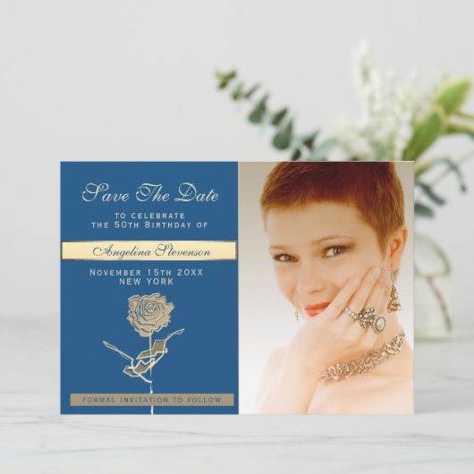 Foto 50e verjaardag Luxe Classic Blauw en Goud Save The Date (Staand voorkant)