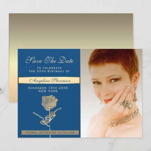 Foto 50e verjaardag Luxe Classic Blauw en Goud Save The Date (Voorkant / Achterkant)