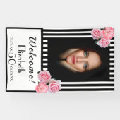 Foto 50e verjaardag zwarte witte strepen florals spandoek (Horizontaal)
