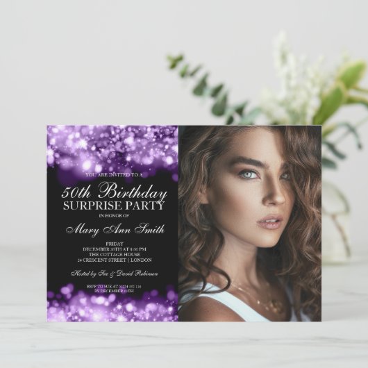 FOTO 50e verrassingsdag Paarse glam licht Kaart (Staand voorkant)