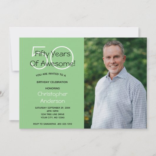Foto 50th Birthday Party Invitation Green voor hem Kaart (Voorkant)