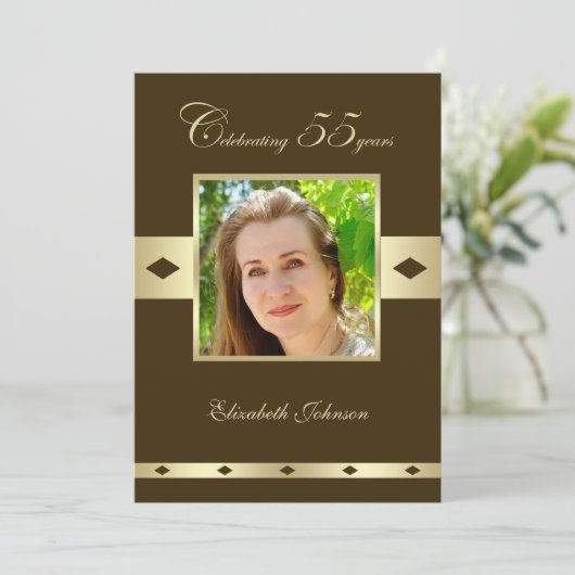 Foto 55e verjaardag Party uitnodiging bruin (Staand voorkant)