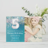 Foto 5e Blauwgroen Silver Glitter Verjaardag Kaart (Staand voorkant)