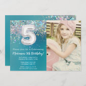 Foto 5e Blauwgroen Silver Glitter Verjaardag Kaart (Voorkant / Achterkant)