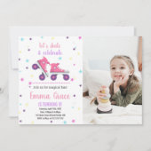 Foto 5e roze Paarse schaatsen verjaardagsuitnodigi Kaart (Voorkant)