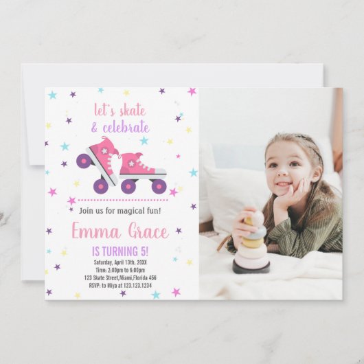 Foto 5e roze Paarse schaatsen verjaardagsuitnodigi Kaart (Voorkant)