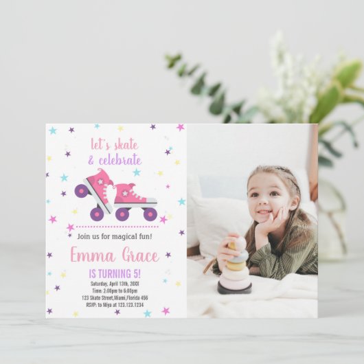 Foto 5e roze Paarse schaatsen verjaardagsuitnodigi Kaart (Staand voorkant)