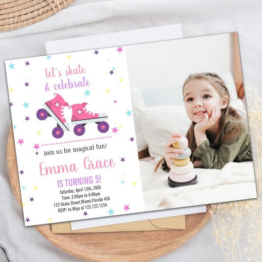 Foto 5e roze Paarse schaatsen verjaardagsuitnodigi Kaart
