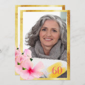 Foto 60e verjaardag roze bloemwit kaart (Voorkant / Achterkant)