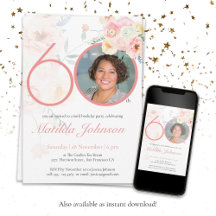 Foto 60e verjaardag Roze Floral Waterverf Aangepas