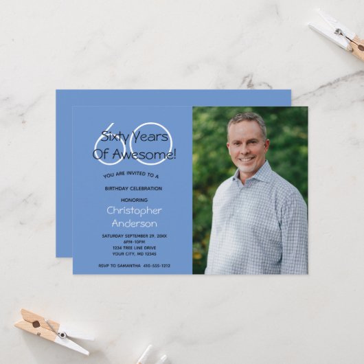 Foto 60th Birthday Party Invitation for Him Kaart (Voorkant / Achterkant in situ)