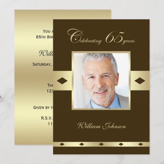 Foto 65e verjaardag Party uitnodiging bruin (Voorkant / Achterkant)