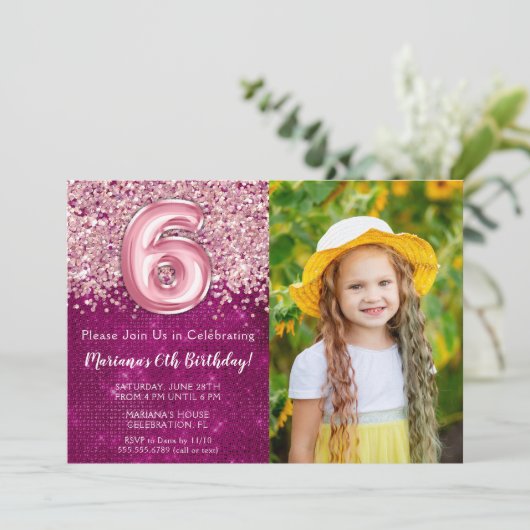 Foto 6e Kinder Magenta Pink Glitter Verjaardag Kaart (Staand voorkant)