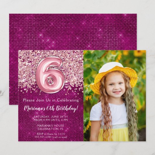 Foto 6e Kinder Magenta Pink Glitter Verjaardag Kaart (Voorkant / Achterkant)