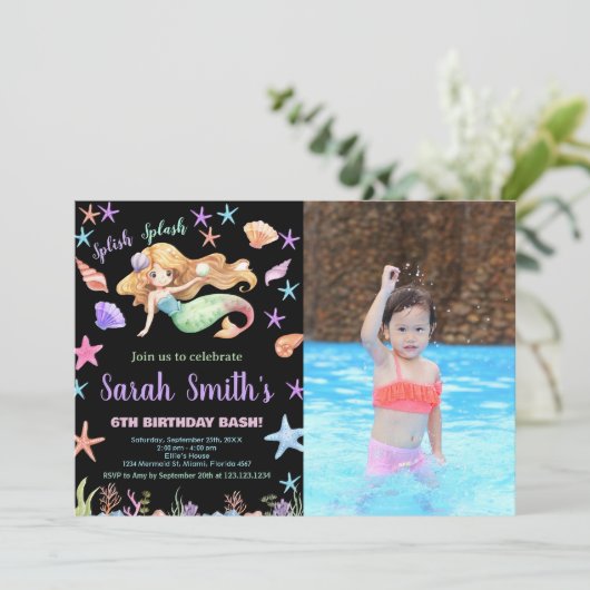 Foto 6e Paarse Onder het zee Zeemeermin Verjaardag Kaart (Staand voorkant)